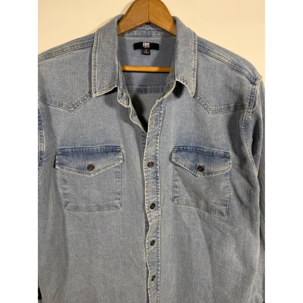 Frye Mens Western Denim Shirt Light Wash Blue Long Sleeve Button Up Medium